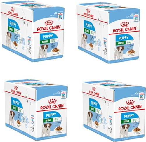 Royal Canin Mini Puppy | 4er Pack | 4 x 12 x 85 g | Nassfutter für kleine Hundewelpen | Bis zum 10. Lebensmonat | Feine Stückchen in Soße | Weiche Textur für die Milchzähne