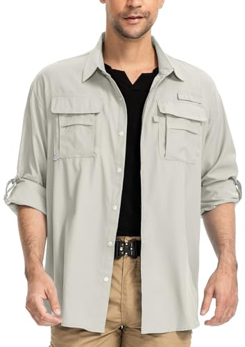 yeyity Camicia da uomo a maniche lunghe, safari, UPF50, protezione UV, traspirante, con bottoni, per il tempo libero, per escursioni, pesca, trekking, kaki chiaro, XL