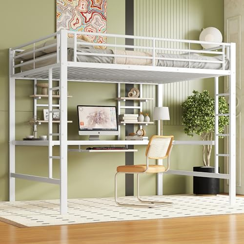 Moimhear Cama alta de 140 x 200 cm, estructura de metal, cama de hierro, cama alta con escritorio y dos estanterías para niños, adolescentes y adultos, color blanco