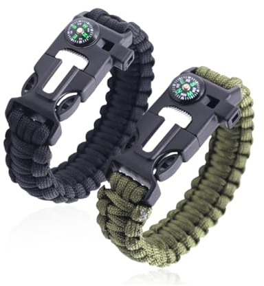 AEIOPRS Lot de 2 Bracelets de Survie en Paracorde avec Allume-feu Sifflet Boussole Longueur Réglable pour Camping et Survie en Pleine Nature