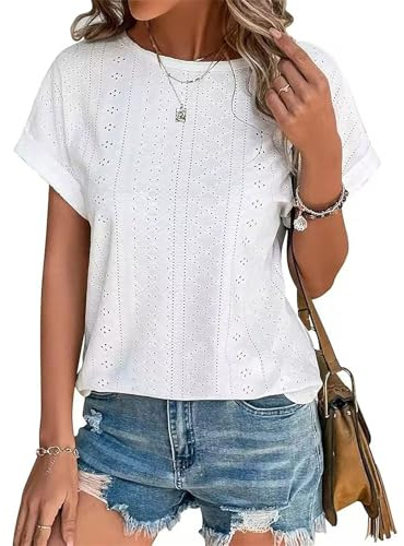Kfnire Magliette Donna Manica Corta Maglietta con Ricamo ad Occhiello Girocollo Camicia Donna Estiva Tee Maglietta Casual T-Shirt Blusa Elegante Traspirante Tinta Unita Tunic Tops di Base