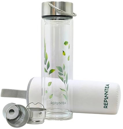 Replantea Teeflasche mit Filter | Doppelglasflasche mit Teesieb 450 ml | hält kalt und warm, BPA-frei