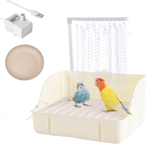 Oncpcare Electric Fountain Birdbaths Bowl with Shower, Water Circulating Bird Bathtub Parakeet Bath Parrot Bath Tub Bird Shower with USB Pump, for Garden, Birdcage, Indoor, Outside(Beige)