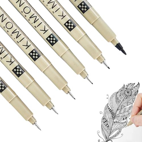 Rnigra Black Fineliner Pens 6PCS, Micron Pens, Fine Liner Pens Black, for Art Sketching, Anime, Manga, Scrapbooking, Technical Drawing, Illustration(0.2mm, 0.25mm, 0.35mm, 0.50mm 0.80mm, Brush Pens)
