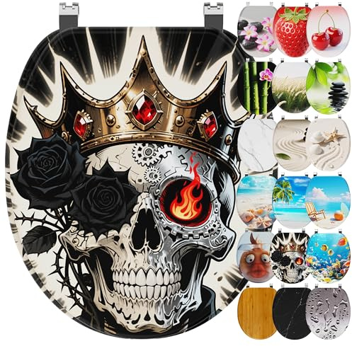 Ribelli WC Sitz mit Absenkautomatik, Toilettendeckel O-Form in Viele Motiven, Klodeckel Einfache Montage, Leicht zu Reinigen, ca. 46 x 37cm -“Rose skull König”