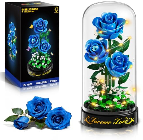 HiWEEGO Ensemble de Construction de Fleurs avec Lumière LED et Housse - 219 Pièces Rose Anniversaire pour Elle Petite-Amie 3,6 mm Bouquet Artificiel Collection Botanique Mini Blocs de Construction