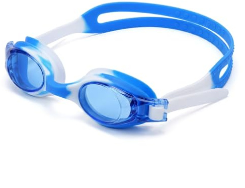 Kids Swimming Goggles, Goggles for Boys Girls Age 3-12, Anti Fog Leak Proof Swim, Wide Vision HD Clear Junior Swimming Glasses with Soft Silicone Frame, Adjustable Strap for Toddlers, Blue White