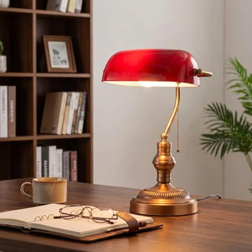 BARCELONA LED Lámpara Banquero E27 Roja Vintage | 260x390 mm, Metal Y Cristal, Pantalla Orientable, Interruptor De Cadena, Para Escritorio Biblioteca Oficina