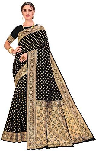 Glory Sarees Sari de seda Banarasi con blusa para mujer, negro, talla �nica
