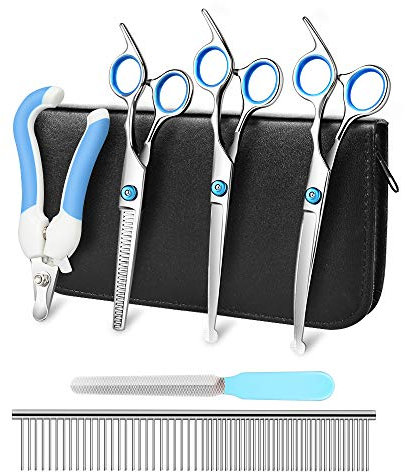 CHMMY Hundeschere Fellschere Kit Hunde Schere Fellpflegescheren Set mit Rundspitze Fellschere Hundeschere 6er-Set Edelstahl Gerade Gebogene Ausdünnen Nagelknipser Kämmen für Fellpflege Hund Katze