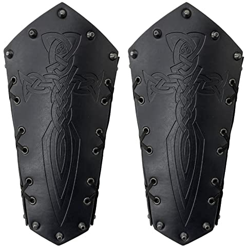 COSFAN 2 Pcs Medieval Bracers Viking Leather Arm Guards Sword Embossed Gauntlet Cuff Vintage Archery Wristband for LARP Halloween (Black)