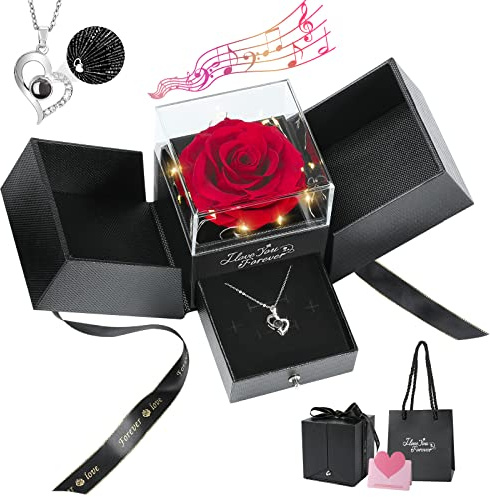 Emibele Rosa Roja Real Conservada con Collar Plata Esterlina S925, Rosa Eterna con Collar Te Amo en 100 Idiomas, Caja de Rosas con Música y Luces, Regalos Románticos para Mujeres Esposa Mamá Abuela