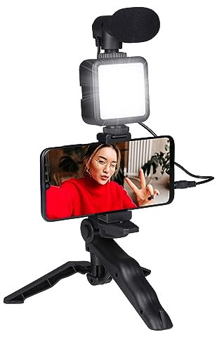 Grundig Phone Tripod with Lamp - Tripod with Microphone - LEDs with 3 Colour Settings - for Phones from 53 to 84 mm - Table Model and Selfie Stick - Plastic Material - Black