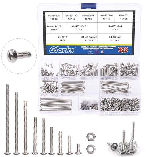 Glarks 333Pcs Machine Screw Assortment Kit #4-40 Stainless Steel Phillips Pan Head Assorted Nuts Bolts and Flat Washers Set, 304 Stainless Steel Machine Screws Assortment Set with Storage Case