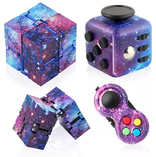 Cuackamily 3PCS Fidget Toys Galaxy Jouet Cube Anti-Stress, Jouet Cube de l'infini, Fidget Pad, Controller Réducteur de Stress Cube Toy, Jouets Sensoriel Décompression du Stress pour Enfants Adultes