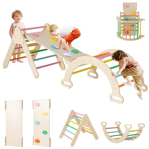 RELAX4LIFE 4 in 1 Triangolo da Arrampicata con Scivolo per Bambini, Arco da Arrampicata e Scala per Arrampicarsi in Legno, Montessori Giocattoli Bimbi 2 3 4 5 Anni (Colorato)