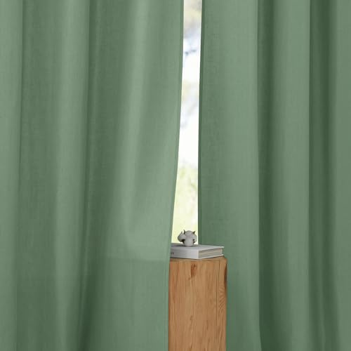 PONY DANCE Tende Lino per Interni Tende Soggiorno Moderne con Fettuccia 2 Pezzi L 140 x A 245 CM Decorazione Linen Curtains Semitrasparenti per Camera da Letto, Verde Scuro