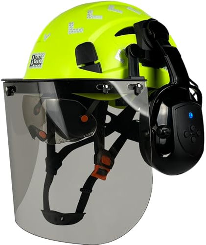 SAFEBUILDER Forestry Chainsaw Tree Work Safety Helmet Vented Hard Hats w/Visor Bluetooth Ear Muffs Face Shield Outdoor Hardhats Vented ANSI Z89.1 (Green Hat+ICV+BTE+Tinted Face Shield)