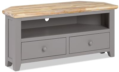 Statement Furniture Florence Wooden Corner TV Stand with 2 Drawers, Shelf, Cable Access, Acacia Hardwood Top | W108cm, H50cm, D40cm | Fully Assembled Media Unit (dove grey)