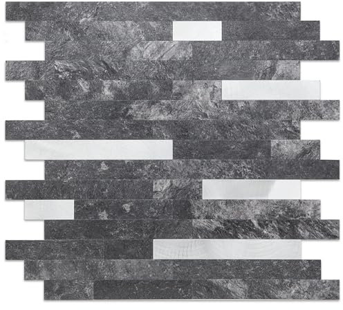 Yipscazo 20 Sheet Peel and Stick Stone Metal Tile Backsplash, Stick on Tiles for Backsplash Kitchen, Bathroom, Laundry Room, Camper, Fireplace (12'' X 12'', Dark Black)