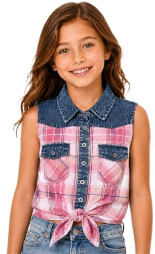Bienzoe Western Plaid Girls Shirt: Sleeveless Button Down Pink 10