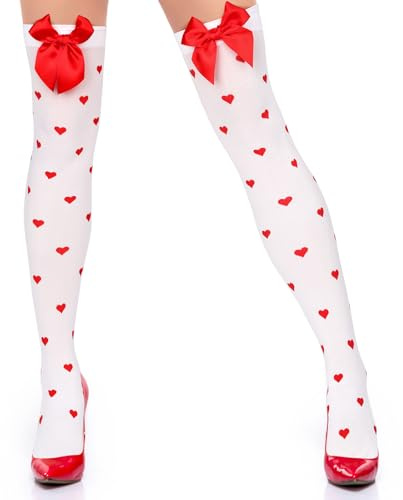 Boyiee Calcetines hasta Rodilla Medias Blancas Altas de Muslo con Lazos para Mujer Dia de San Valentin Carnaval(Corazón)
