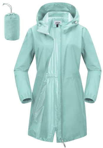 Outdoor Ventures Chubasquero largo para mujer, impermeable, cortavientos, chaqueta de entretiempo, ligera, transpirable, chaqueta para exteriores, parka de lluvia con capucha