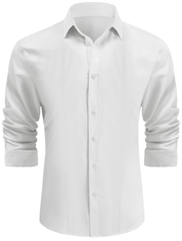 Misfuso Chemise Homme Manches Longues en Couleur Uni Chemise de Business sans Repassage Chemise Homme Décontracté Regular Fit Blanc L