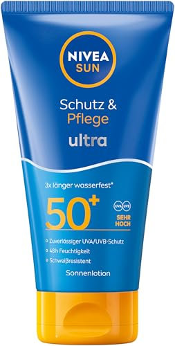 NIVEA SUN Schutz & Pflege Ultra Lotion LSF 50+, schweißresistenter Sonnenschutz mit Vitamin C & Hyaluron, 3x länger wasserfeste Sonnencreme mit 48h Feuchtigkeit (150 ml)