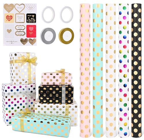 Gtuzkheu 5 Rolle Geschenkpapier,43 x 300cm Geschenkpapier Weihnachten und 2 Rolle Band,Schwarz Gold Geschenkpapierrolle,Geschenkpapier Geburtstag,Geschenkverpackung Papier für Weihnachten Valentinstag