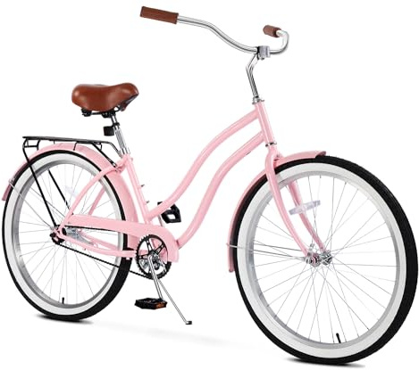 Cyclist Sawyer Beach Cruiser Bike, 26 Inch Adults Bicycle for Women, Single-Speed Coaster Brakewith Rear Basket, Recommended Height 5'3 to 6'2, Cruiser Bicycle Suitable for Women, Men, Teens-Pink
