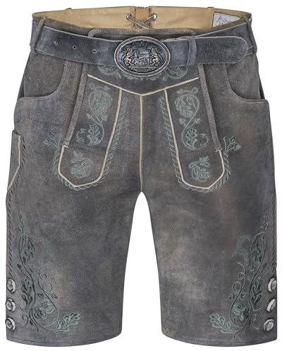 Schöneberger Trachten Couture Herren Lederhose kurz mit Trachtengürtel – Traditionelle bayerische Trachtenhose für Oktoberfest braun aus Original Nubukleder Antik Moosbach (56)