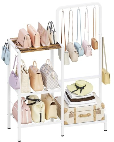 Whoonba Floor-Standing 3-Tier Purse Organizer, High-Capacity Bag Holder with 8 Hooks, Multi-Functional Purse Rack for Various Bags, Handbag Display Stand Shelf for Closet, Bedroom, Entryway, White