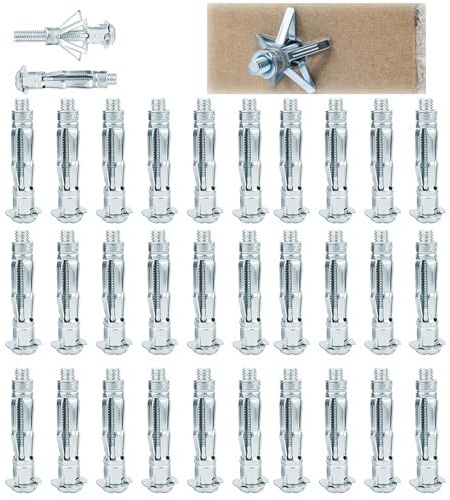 LANZLC Hålrumsplugg metall galvaniserade ihåliga väggpluggar M6 x 52 mm, 30 stycken kolstål hålighetsplugg galvaniserade skruvset, hålighet metallpluggar expansionsspår för gipsskivor
