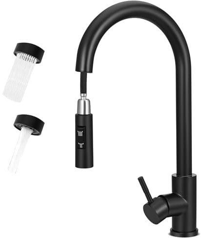 Robinet mitigeur de cuisine, robinet d'évier de cuisine, levier unique pivotant à 360° en acier inoxydable haute pression, 2 modes d'eau, eau froide et chaude disponibles - Noir