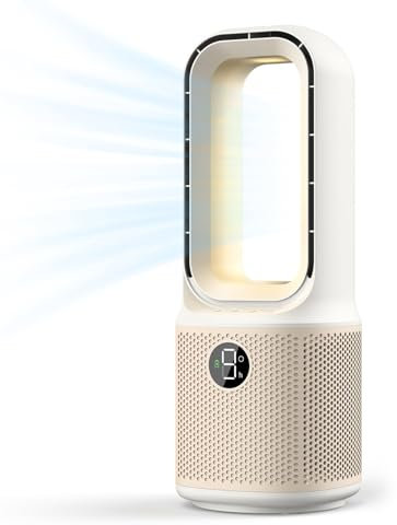 Rotorloser Ventilator, Turmventilator mit Luftreiniger, 70° Oszillation, 9 Geschwindigkeiten, 9H Zeitschaltuhr, LED-Anzeige,für Schlafzimmer, Büro (Weiß)