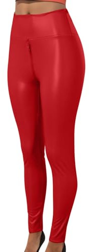 Women's Real Leather Pants High Waisted Stretch Faux Leather Leggings Zip Open Crotch Pleather Trousers Plus Size Stylish Comfortable Clubwear Party Street Fashion Versatile Black Autumn (Red, XL)