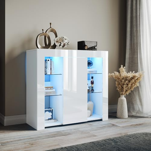 ELEGANT 1-Door Sideboard with LED Lights, High Gloss White Display Cabinet with Open Shelves for Living Room & Bedroom, W900×D350×H830mm
