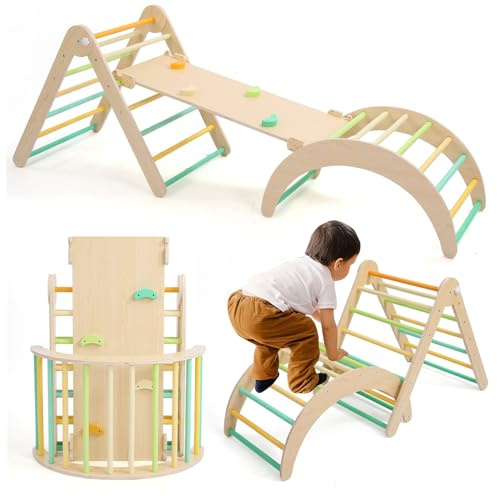 KODMIS Pikler Traingle Set,7-in-1 Wooden Climbing Kits Toy,Foldable Montessori Toy,Jungle Gym Playing Sets with Arch-Ramp-Ladder Indoor Climber(Climbing Sets)