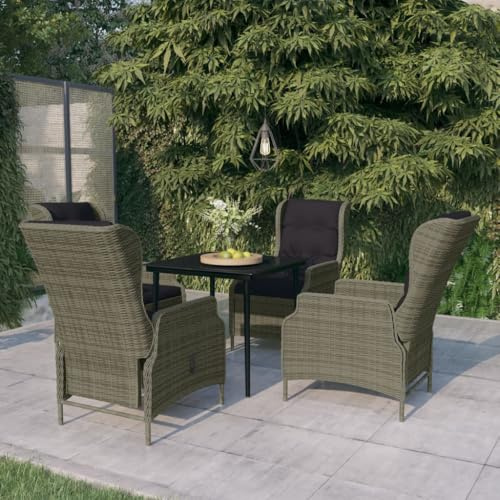 QJBSAVVA Set di 5 mobili da giardino 80 x 80 cm, tavolo da giardino in vetro e 4 poltrone in polyrattan marrone con funzione reclinabile, robusto gruppo da pranzo per esterni, per balconi, terrazze e