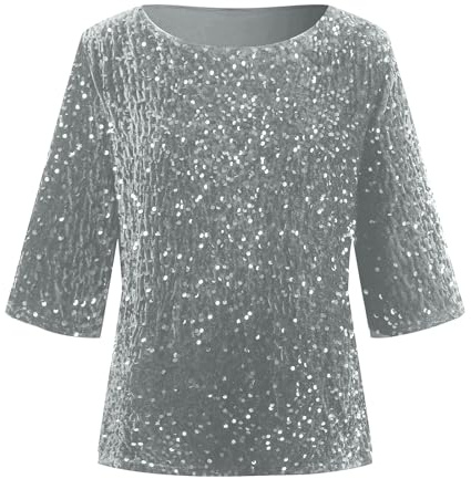 MJGkhiy Maglia Donna Elegante Paillette Argento Girocollo Maglia Brillantini Cerimonia Camicia Taglie Forti Maniche Corte Blusa Curvy Strass T Shirt Sera Glitter Oro Magliette Capodanno Maglietta