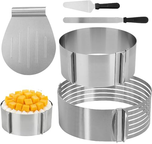 Weciau Tårtring justerbar, 5 stycken tårttillbehör rostfritt stål set, 2 storlekar tårtring rostfritt stål tårtor skärhjälpmedel med tårträddare, tårtskärare och spritpalett bakning tillbehör