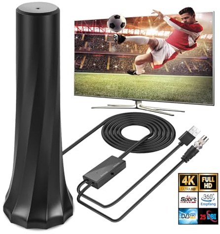 Antena DVB-T/DVB-T2 con amplificador, antena interior HDTV para TV, recepción de 360°, cable de 5 m, compatible con canales HD 4K/1080P y todos los televisores