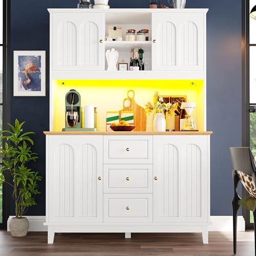 BTM 180cm Tall Kitchen Buffet Sideboard with LED Lights Freestanding Pantry Cabinet with Worktop Larder Cupboard, White