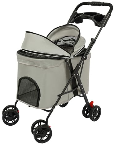 Carrito para perros plegable con 12.5kg hasta,Cochecito Plegable Mascotas Carrito con 360° ruedas delanteras,doble freno trasero,soporte extraíble para bebidas y hebillas de seguridad dobles,gris