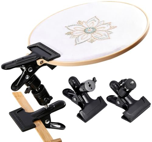 CONCHLERY Soporte de hierro para bordar de 2 piezas, con rótula de 360°, pinza de resorte pesada, abrazadera multifuncional para fotografía y bordado, 18,5 x 10,6 x 7,8 cm, color negro