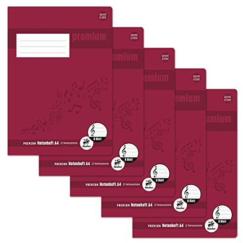 Staufen Premium Notenheft - DIN A4, Lineatur N (12 Notensystem), 8 Blatt, 90g/m² Premium Papier, 5 Stück