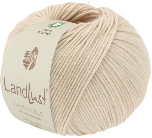 LANA GROSSA Landlust Baumwolle | Klassisches Bio-Baumwollgarn, Gots zertifiziert | Handstrickgarn aus 100% Baumwolle (Bio) | 50g Wolle zum Stricken & Häkeln | 115m Garn FB 15 Beige