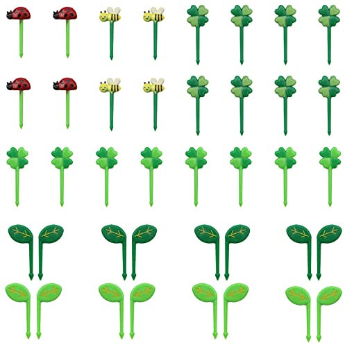 VEGCOO 40 Stück Food Picks, Obstgabeln Kinder Spieße Süße Mini-Zahnstocher 24 Marienkäfer-Bienen-Fruchtgabeln + 16 Einzelblatt-Fruchtgabeln für Erwachsene Kinder
