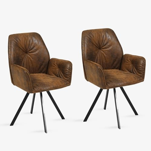 MEUBLE Cosy Esszimmerstühle Drehbar 2er Set Küchenstuhl Polsterstuhl Drehstuhl mit Armlehne Sessel aus Wildleder Metallbeine, Sitzbreite 49 cm, für Esszimmer Wohnzimmer, Arbeitszimmer, Braun
